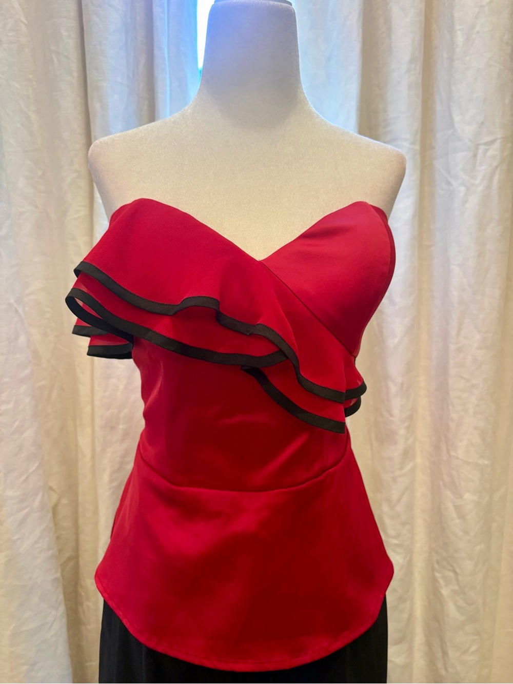 bebe Red Off-Shoulder Ruffle Crop Top with Black Trim
